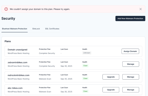 Bluehost Portal - Security tab - Complete Security - Assign Domain Confirmation - Unsuccessful